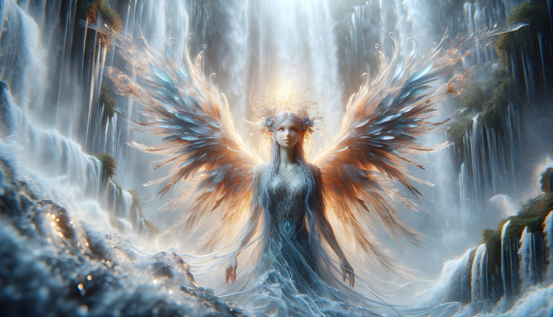 Mystical Figure with Wings by Flowing Waterfalls