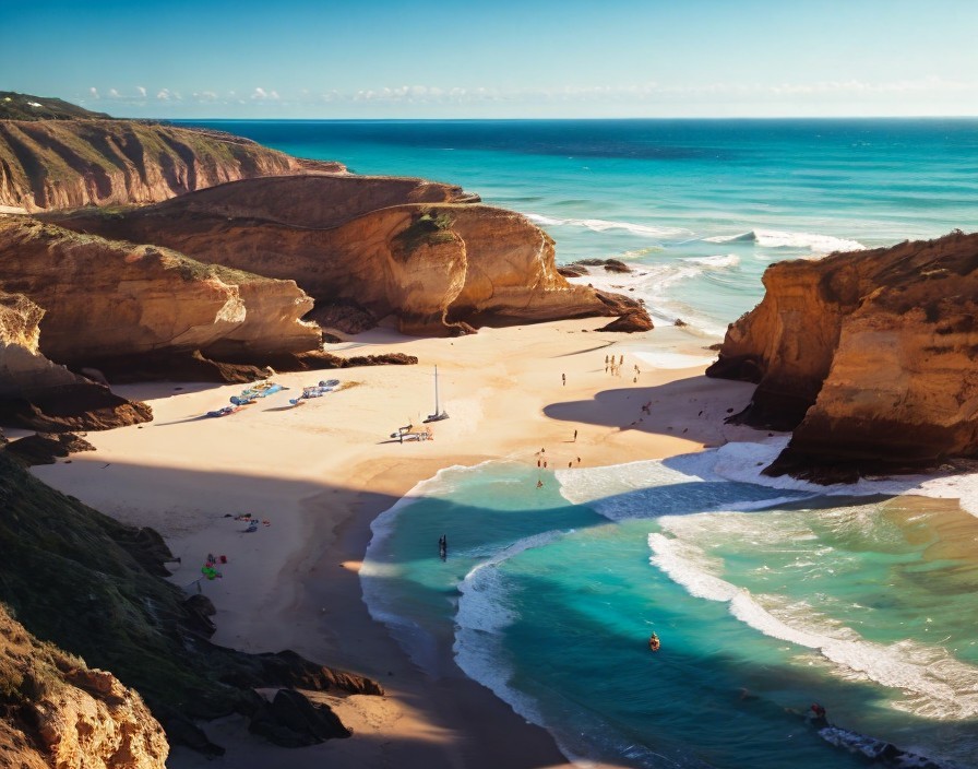 Golden beach with cliffs, blue sky, sunbathers, and anchored boats
