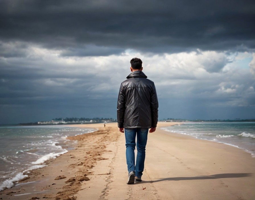 Person in dark jacket and jeans walking on sandy beach under stormy sky