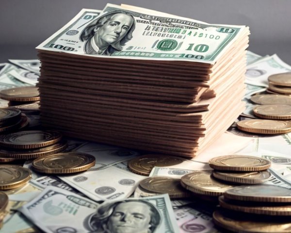 Stack of US 100-dollar bills with coins and loose bills on surface