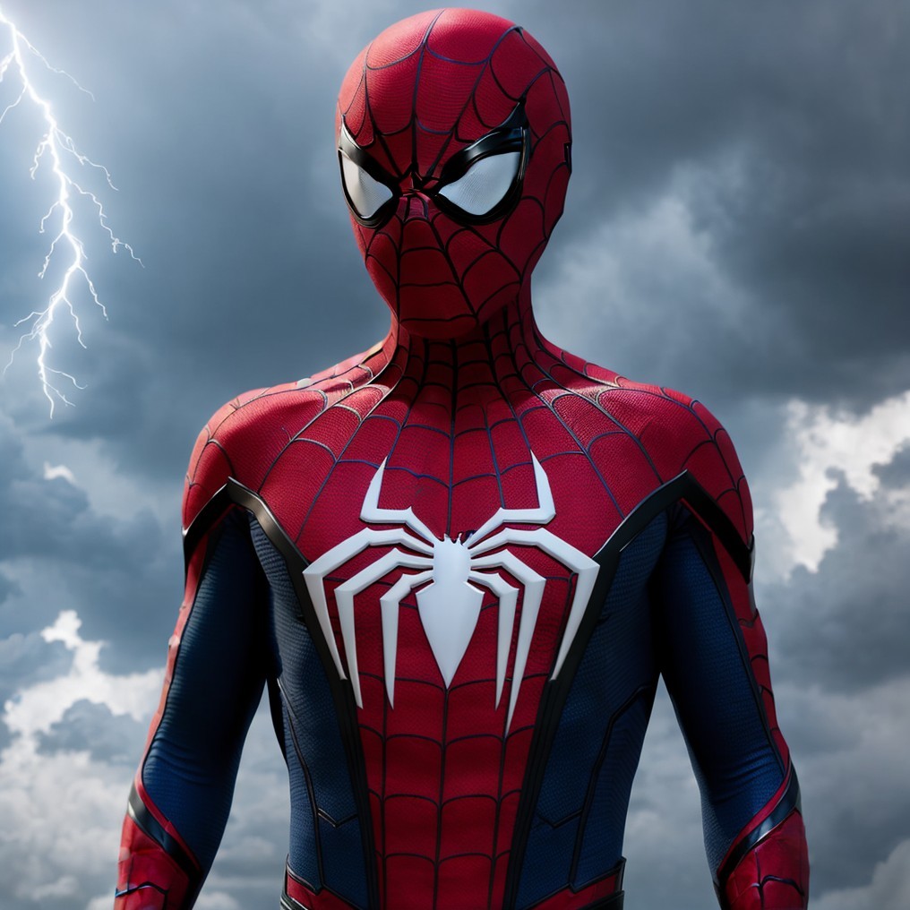 Person in Spider-Man Costume Under Stormy Sky with Lightning