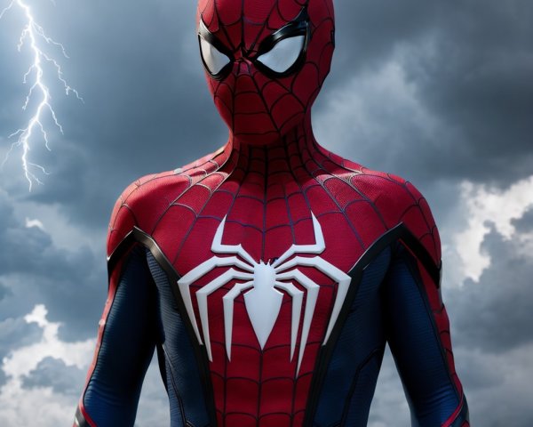 Person in Spider-Man Costume Under Stormy Sky with Lightning