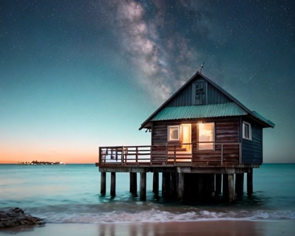 Secluded wooden hut on stilts over calm sea waters at twilight