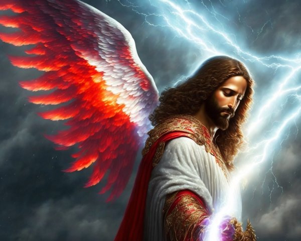 Long-haired figure in red and white cloak with large white wings and lightning background.