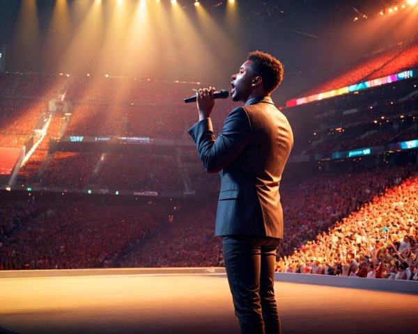 Male singer on stage with bright stage lights and attentive audience