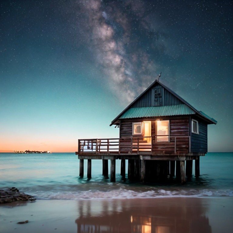 Secluded wooden hut on stilts over calm sea waters at twilight