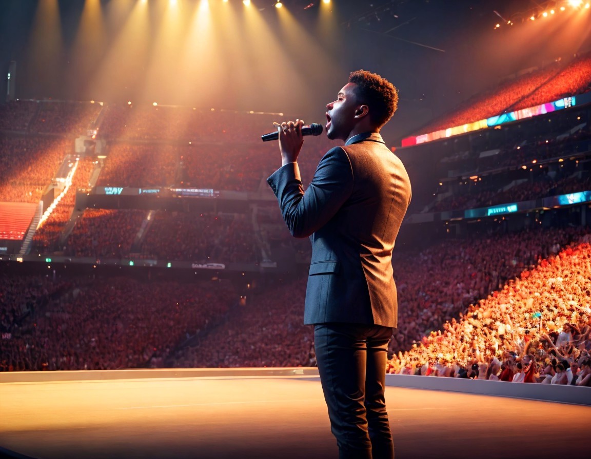 Male singer on stage with bright stage lights and attentive audience