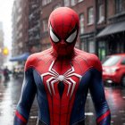 Person in Spider-Man Costume Under Stormy Sky with Lightning