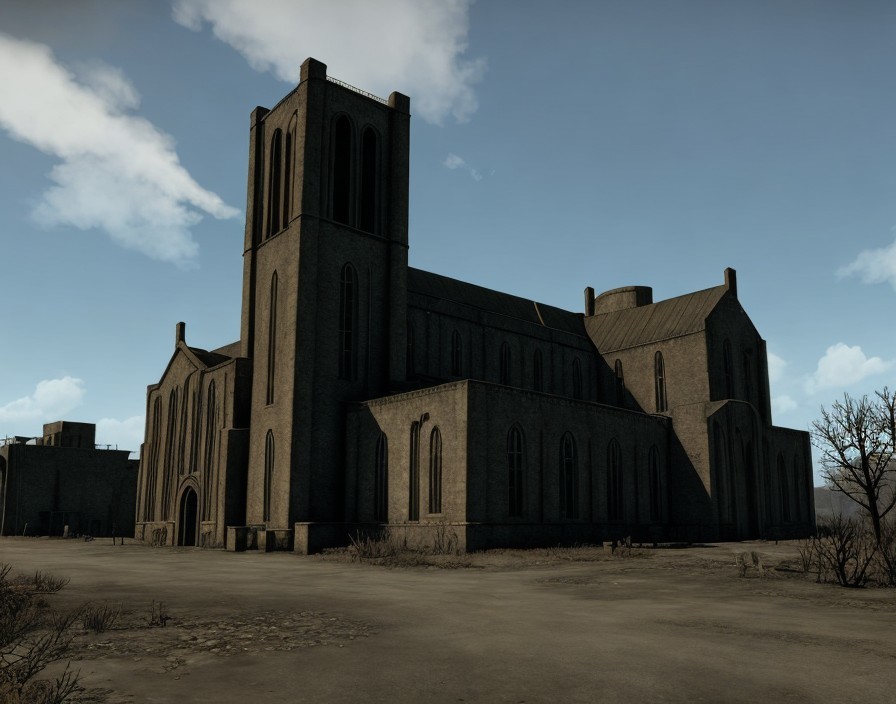 Medieval-style cathedral with tall towers under overcast sky
