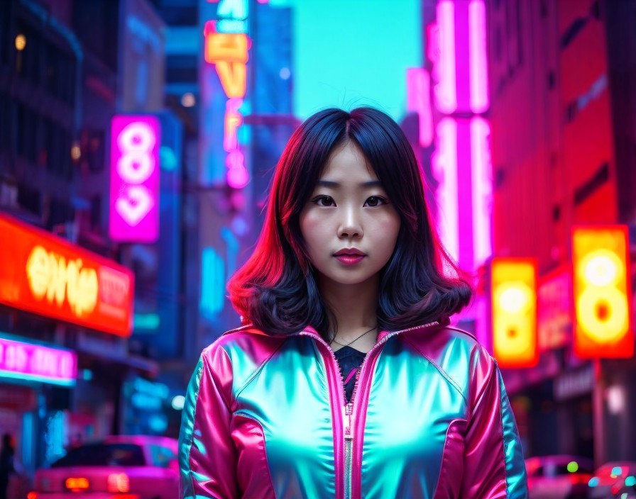 Red-haired woman in shiny pink and blue jacket under neon city lights at dusk
