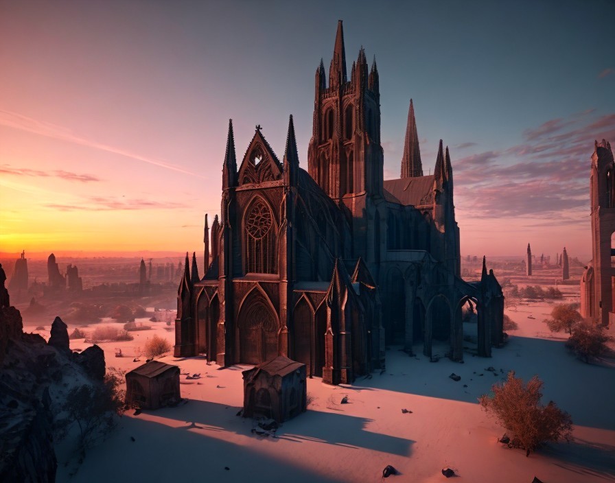 Gothic cathedral in snowy landscape at sunrise