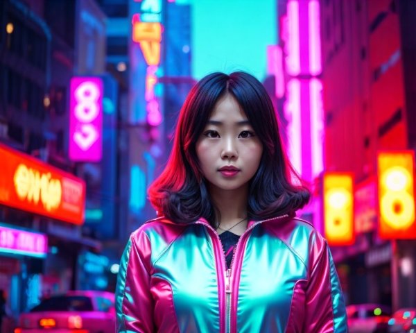 Red-haired woman in shiny pink and blue jacket under neon city lights at dusk