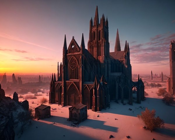 Gothic cathedral in snowy landscape at sunrise