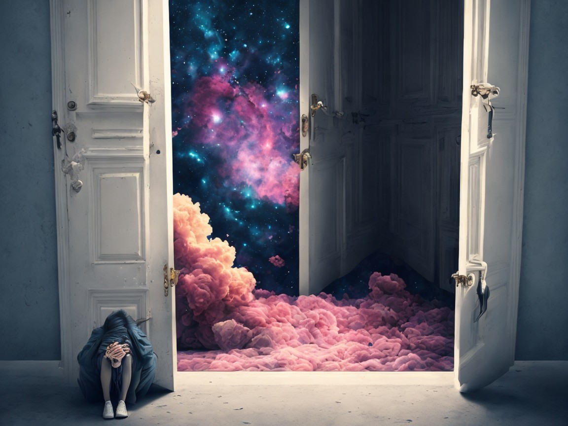 Person in Dim Room Overlooks Cosmic Scene Through Door