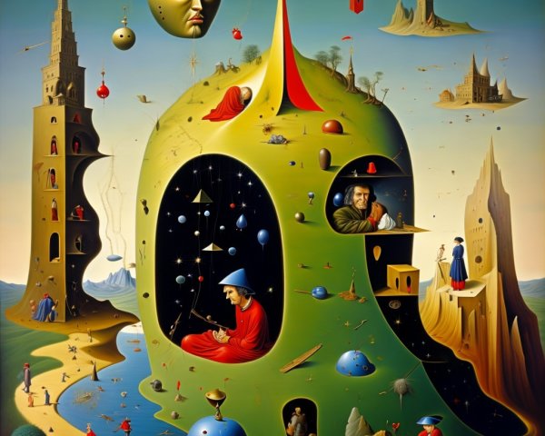 Surreal Landscape with Abstract Face and Whimsical Figures