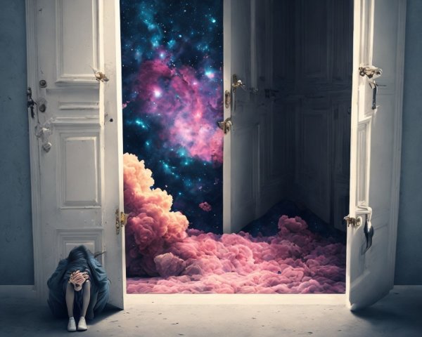 Person in Dim Room Overlooks Cosmic Scene Through Door