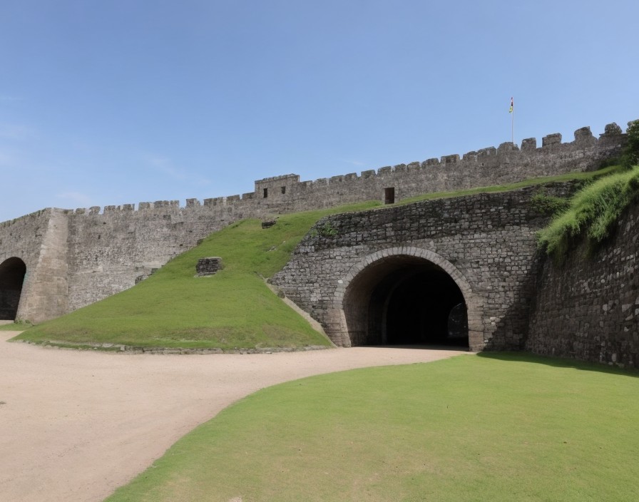 Stone Castle Walls and Tunnel Entrance Amid Grass Mounds