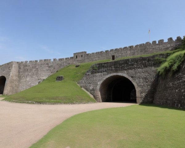 Stone Castle Walls and Tunnel Entrance Amid Grass Mounds