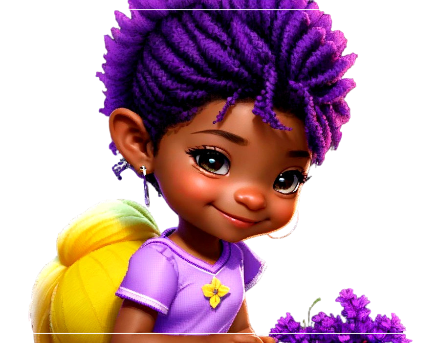 Digital illustration of cute girl with purple hair & expressive eyes in lilac dress with yellow backpack