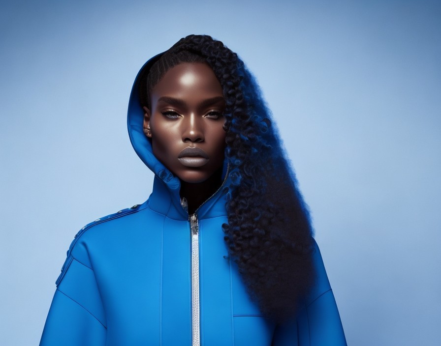 Striking Woman in Blue Hooded Jacket with Long Curly Hair