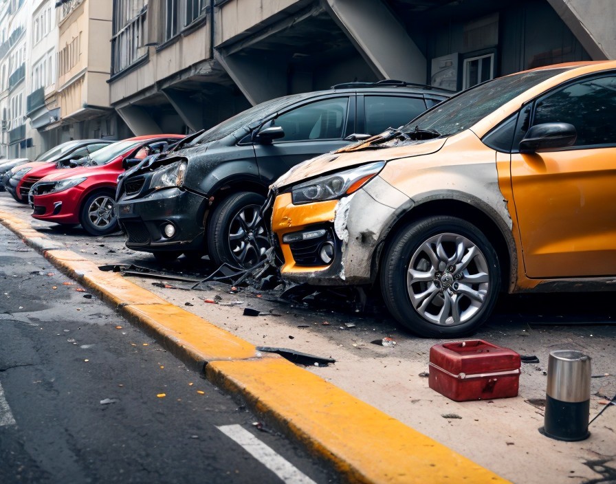 Accident aftermath: Damaged cars and debris on street