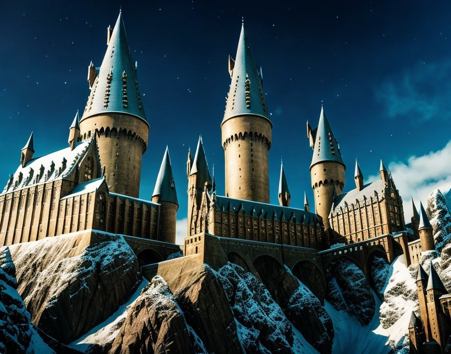 Majestic castle on snow-covered mountain range