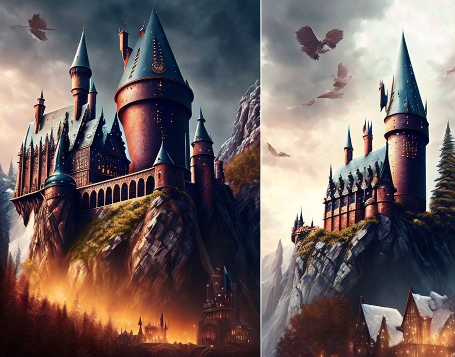 Majestic castle with spires on rocky cliff in autumn forest landscape