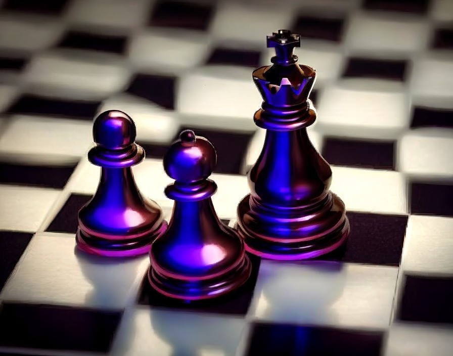 Glossy Purple Chess Pieces on Checkered Board with Warm Light