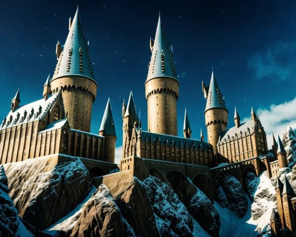 Majestic castle on snow-covered mountain range