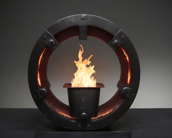 Circular Metallic Fire Feature with Open Flame on Dark Background