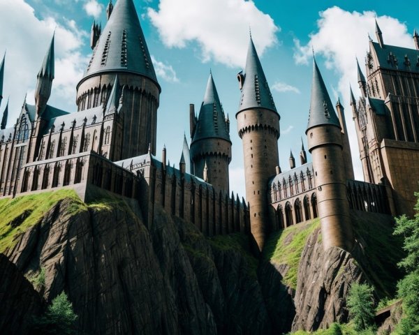 Castle with Multiple Spires on Rocky Cliff Amidst Lush Greenery