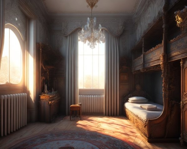 Elegant Vintage Bedroom with Ornate Furniture and Crystal Chandelier
