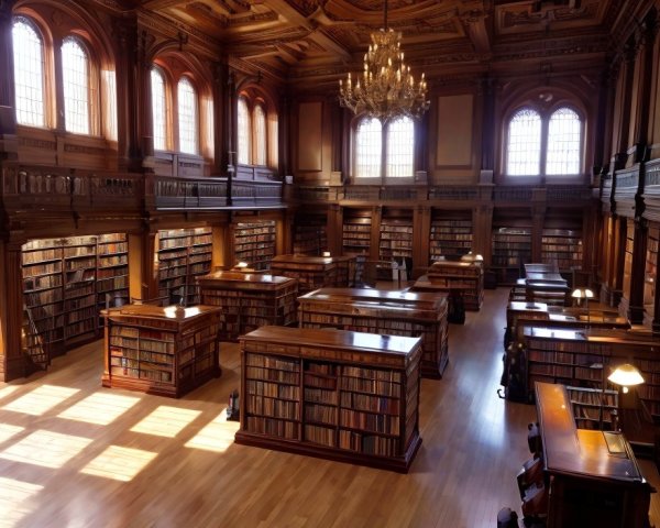 Sophisticated wood-paneled library with book-lined walls and grand chandelier