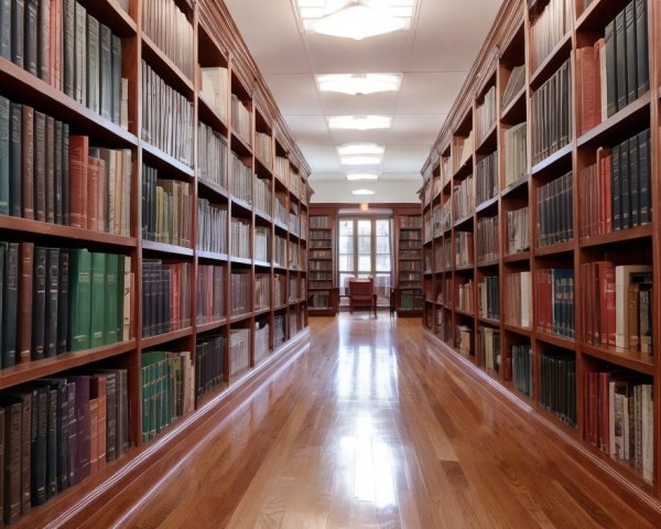Cozy library interior with glossy wooden floors and shelves of hardcover books