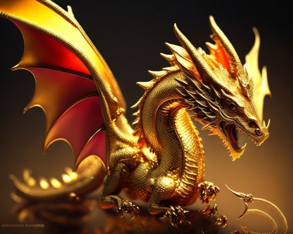 Golden dragon with intricate scales and large wings against warm backdrop