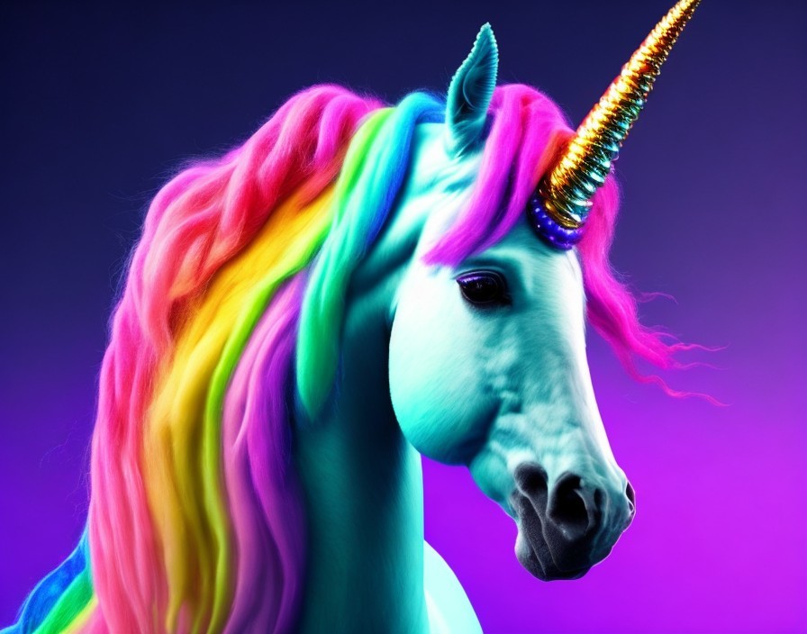 Colorful Unicorn with Rainbow Mane on Purple and Blue Background