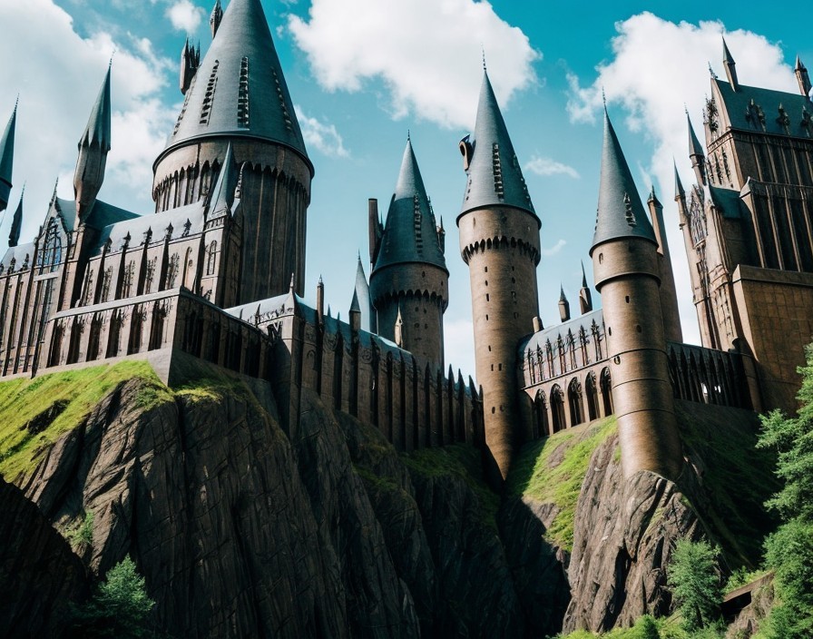 Castle with Multiple Spires on Rocky Cliff Amidst Lush Greenery
