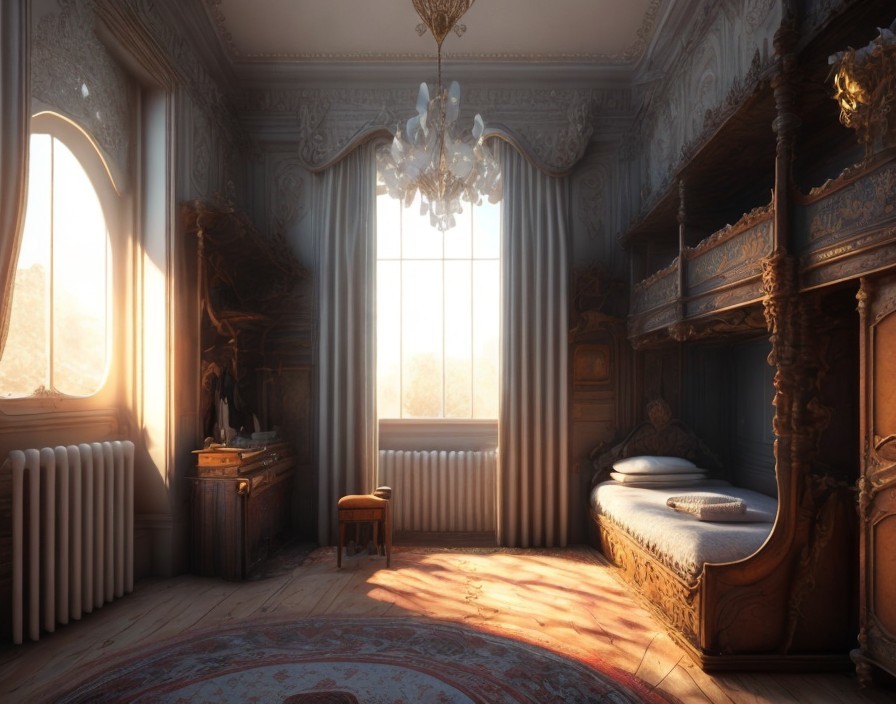 Elegant Vintage Bedroom with Ornate Furniture and Crystal Chandelier