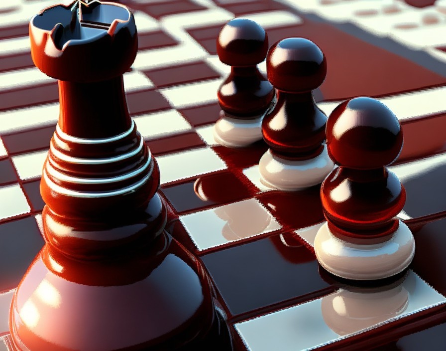 Black Queen Chess Piece Surrounded by Pawns on Checkered Board