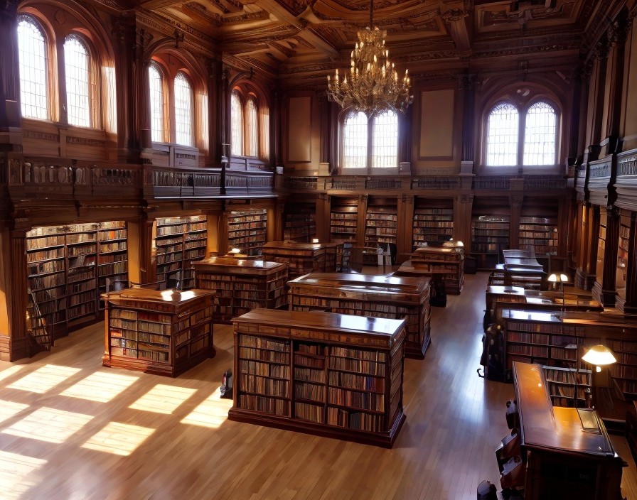 Sophisticated wood-paneled library with book-lined walls and grand chandelier