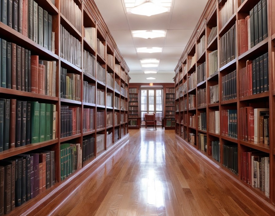 Cozy library interior with glossy wooden floors and shelves of hardcover books