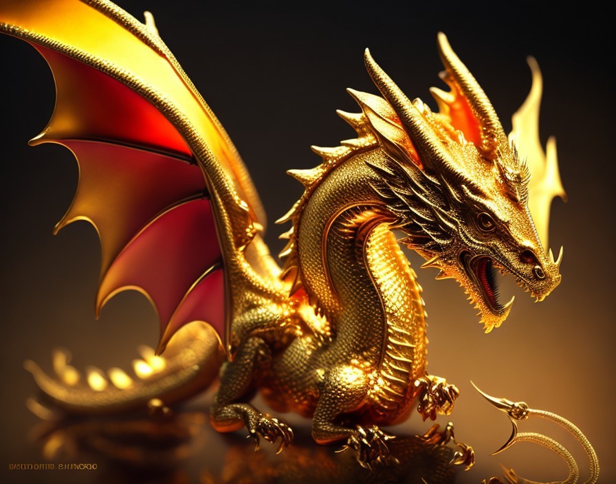 Golden dragon with intricate scales and large wings against warm backdrop