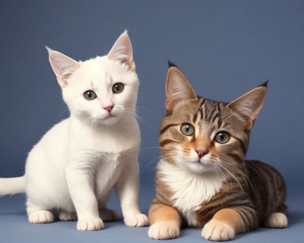 Two Cats Sitting Side by Side on Blue Background