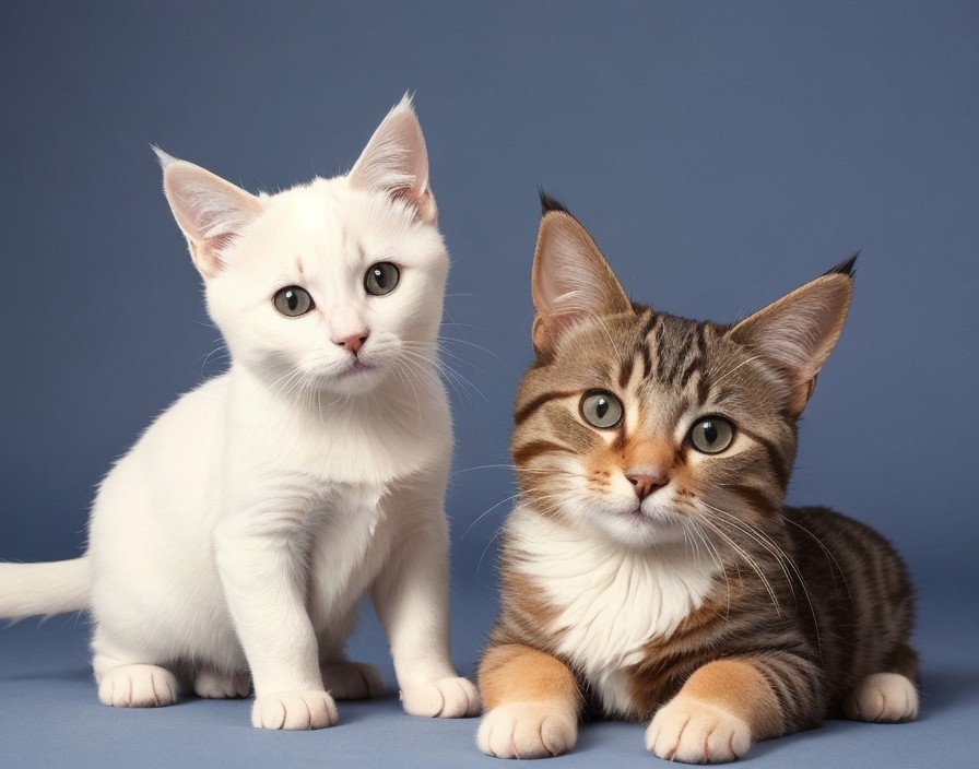 Two Cats Sitting Side by Side on Blue Background