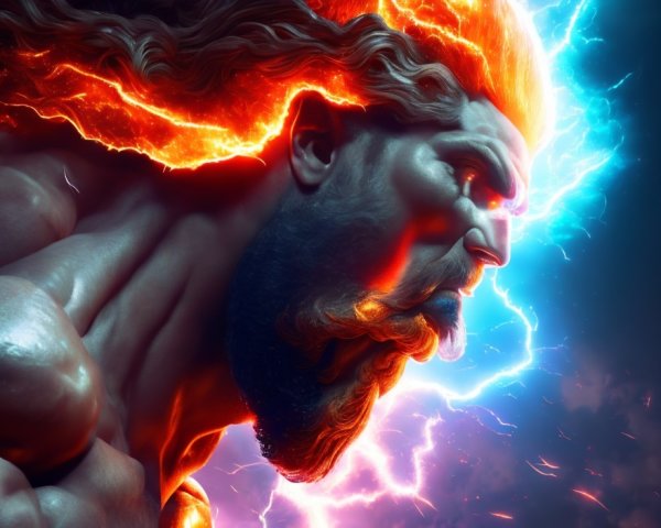Muscular, Bearded Figure with Fiery Hair in Electric Blue Setting