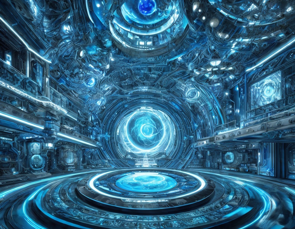 Futuristic high-tech tunnel with metallic blue designs and glowing orbs