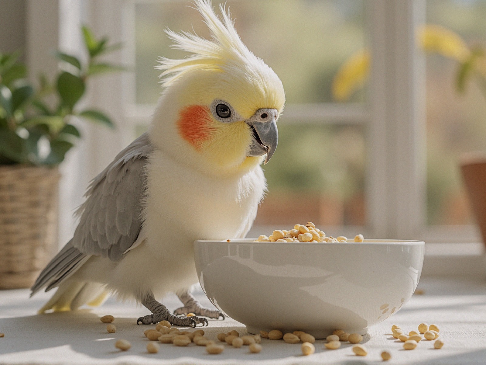Cheerful Cockatiel with Yellow Crest and Seeds
