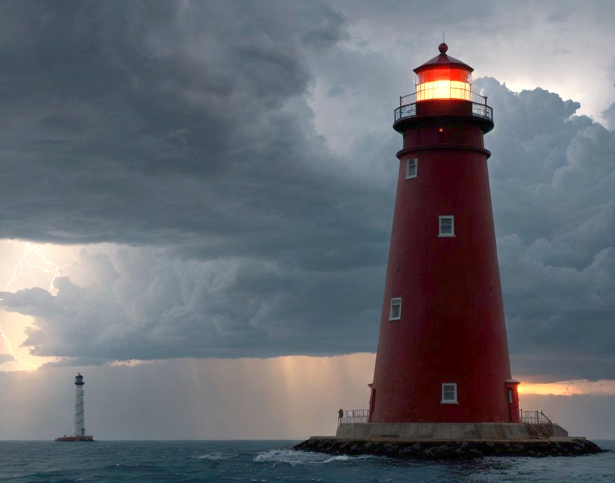Lighthouses under Dramatic Sky with Lightning
