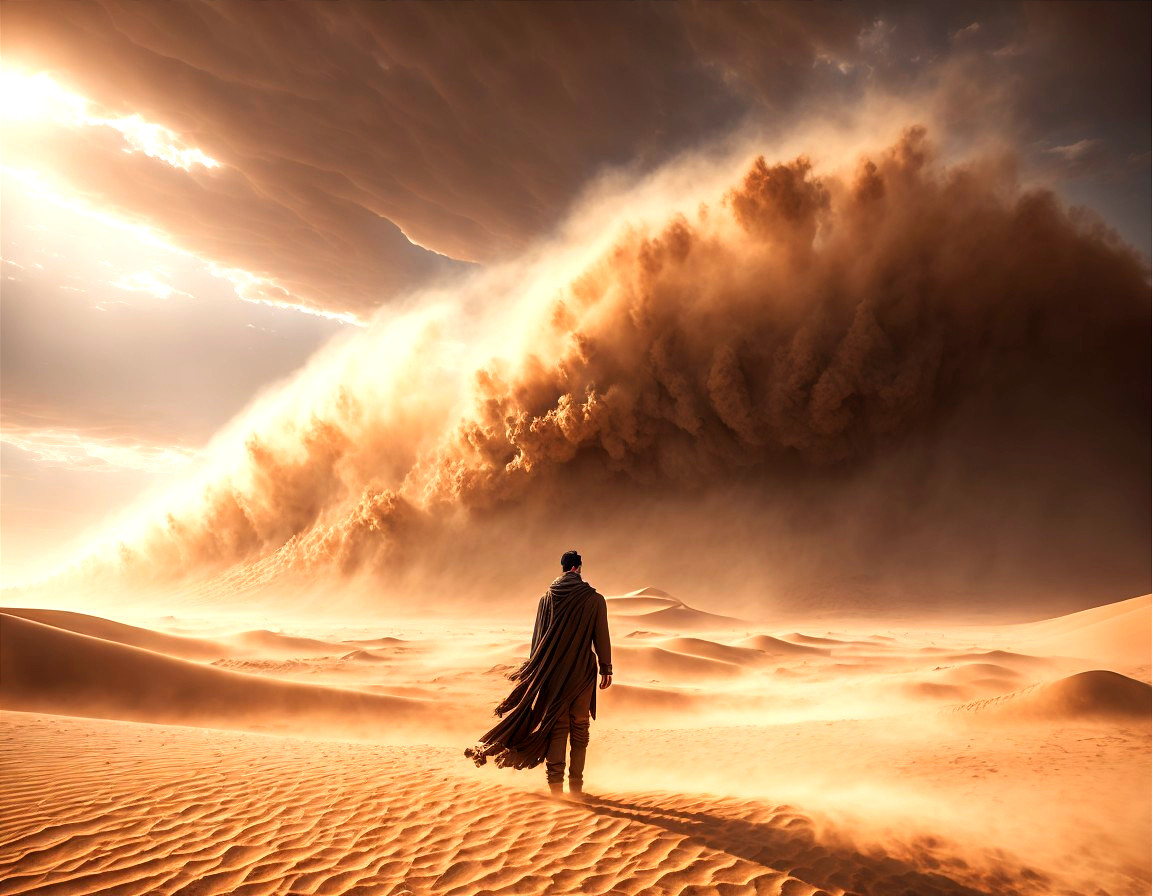Solitary Figure in Desert Facing Ominous Sandstorm