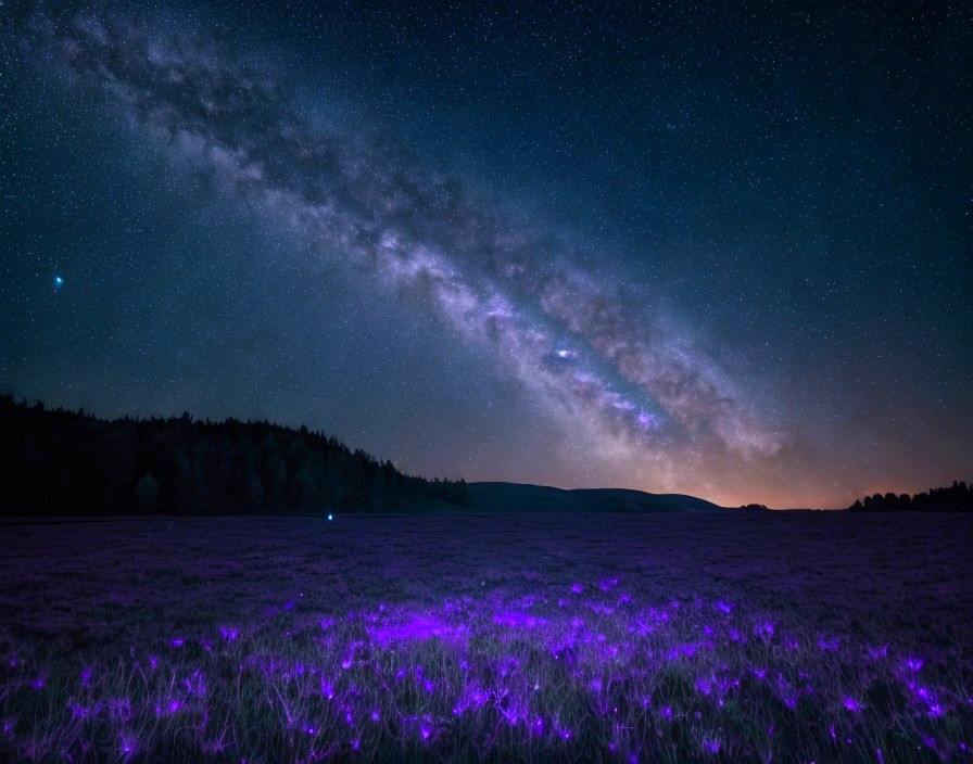 Milky Way Nightscape with Purple Flowers and Trees
